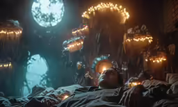 the man is lying in bed with his eyes open