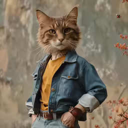 a man standing next to a cat wearing a blue jacket