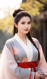 young asian woman dressed in traditional clothing and with red hair