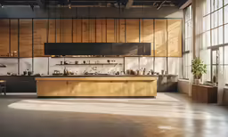 a room with wood panels, a counter, and various items