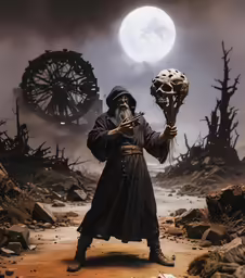 a person dressed in costume holding up a skull in the background