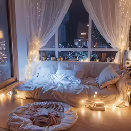 a room with lights in the curtains and a bed covered in blankets