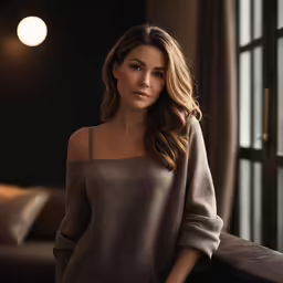 woman in gray sweater posing near window
