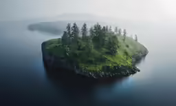 an island with trees surrounded by fog, in the middle of a body of water