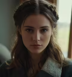 a woman wearing a sweater and looking off to her left