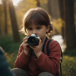 a small child is taking a picture with a camera
