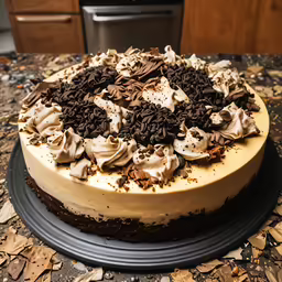 a cake with icing, whipped cream and chocolate chips on top