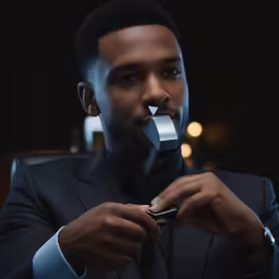 a black man with an odd mustache and dark suit smoking a cigarette