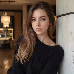 a beautiful woman leaning against a wall near a light fixture