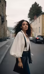 a woman walking down the street with a purse