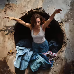 a woman with her arms spread out from in a hole