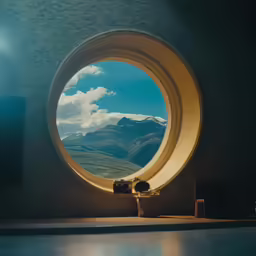 a person is sitting on a chair near a window that looks out into the mountains