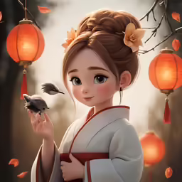 a digital painting of a young girl with a bird