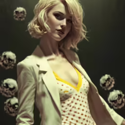 a digital portrait of a beautiful young woman in a white jacket and polka dot dress