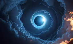a black hole in the sky with clouds and blue light
