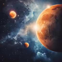 a very big orange planets next to some dark blue stars