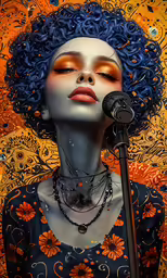 a woman wearing blue hair and makeup, with blue curls holds a microphone