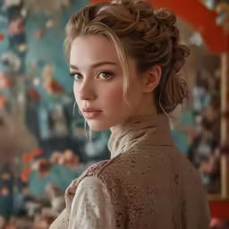 a beautiful woman with a braid standing in front of a wall