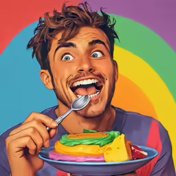 the painting depicts a man eating a plate of food with his mouth