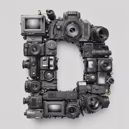 a close up of the letter d made from old cameras
