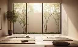 a room that has several meditation mats in it
