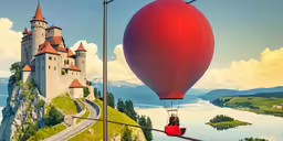 a hot air balloon flying over a large castle