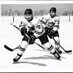 two people are playing in ice hockey during the day