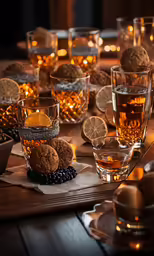 glasses with iced lemons and black pearls on a table