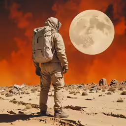 an old photo of a man looking at the moon