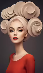 an image of a woman with a lot of hats on her head