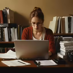 a woman wearing glasses sitting at a table on a laptop