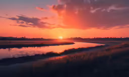 a picture taken at sunset of the sun setting over a marshland