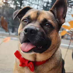a very cute dog wearing a red bow tie