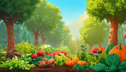 a colorful, fresh garden with many vegetables,a digital painting of garden vegetables and trees