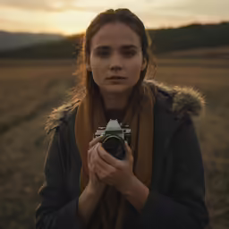 a woman holding an analog camera in her hands