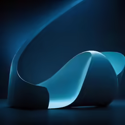 a dark and blue room with curved seats