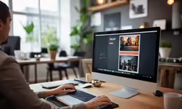 a person sitting in front of a computer and a monitor with photos on it