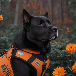 a black dog with an orange vest near some flowers