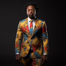 a man wearing a suit with flowers on it,a man wearing a colorful suit standing on a black background