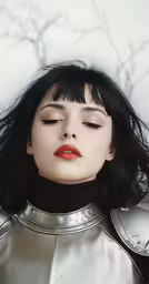 a woman wearing a metal outfit is looking down