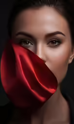 a woman wearing a red satin face cover