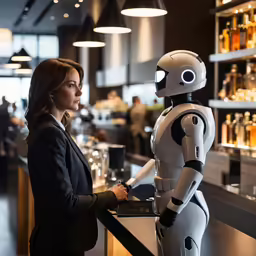 the lady stands by the counter beside a robot
