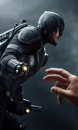a futuristic man with light in his hands next to an outstretched hand