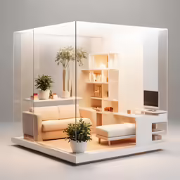a modern living room with some chairs and shelves