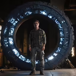a man is standing in front of a large tire