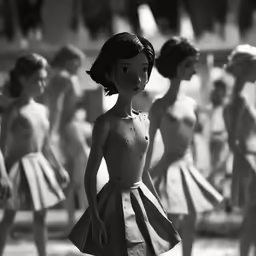 an animated figure stands among other models in black and white