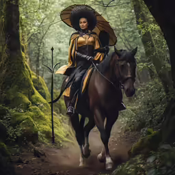a woman in a yellow outfit riding on the back of a horse through a forest