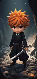 a boy dressed as a witch with two swords in front of some rocks