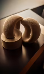 two sculptures are shown on a table