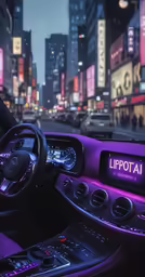 an illuminated dashboard of a vehicle in a city at night